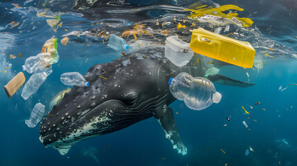 Wall Mural - A majestic whale gliding through clear and sunlit waters. The juxtaposition of plastic debris floating nearby. 