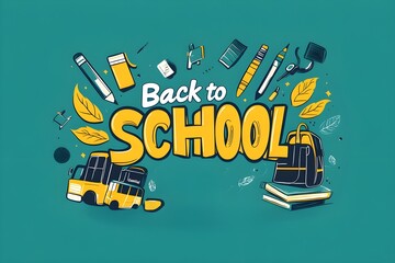 Back to school banner flat icon set on a school blackboard background. Back to school text on chalkboard and school equipment, education and learning concept