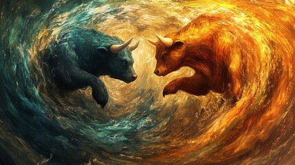 A dynamic depiction of two bulls, one blue and one orange, symbolizing conflict and energy, in a swirling, vibrant artistic background.