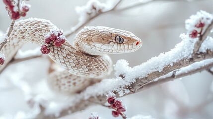 White snake on snowy branch with red berries