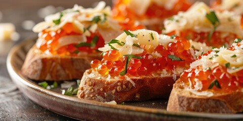 Sticker - Close up of bruschetta topped with cheese and red caviar on a plate