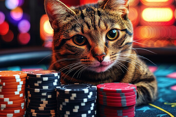 Animal Cat plays poker blackjack in a casino, fantasy