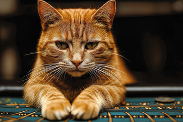 Animal Cat plays poker blackjack in a casino, fantasy