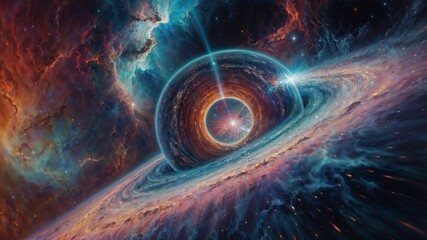 a wormhole entrance set against a backdrop of a colorful nebula, drawing matter inward