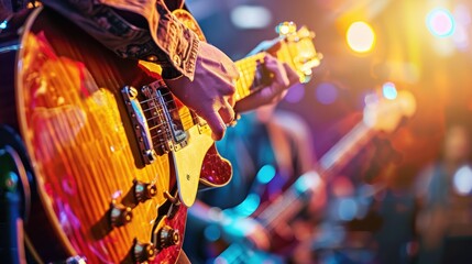 Wall Mural - Close-up of a musician playing an electric guitar on stage.