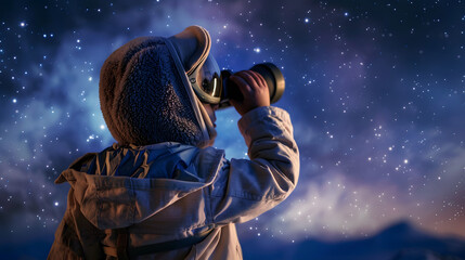 Sticker - A photo of a child in explorer gear looking through binoculars under a starry night sky. 