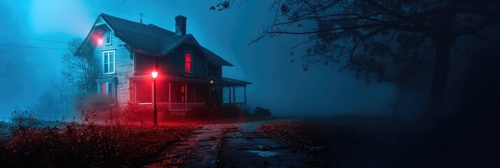 Wall Mural - Dark and eerie haunted house lit by a street lamp in red and light blue hues after dark