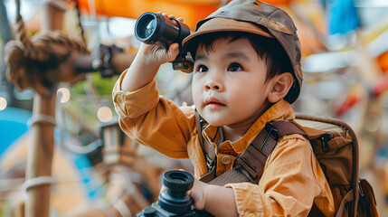 Wall Mural - A photo of a child in explorer gear looking through binoculars at a carnival. 