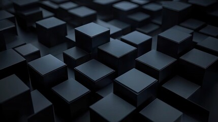 Poster - Abstract arrangement of geometric blocks in 3D render on a dark background.