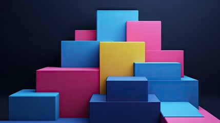Poster - Abstract arrangement of geometric blocks in 3D render on a dark background.