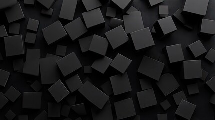 Poster - Black background with scattered 3D geometric blocks. Abstract and minimalistic.
