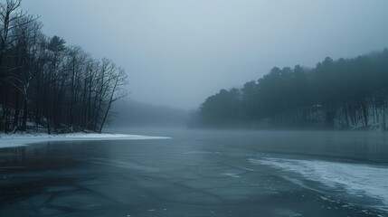 A frozen lake presents itself as an enigmatic and peaceful scene on a dreary, hazy day.