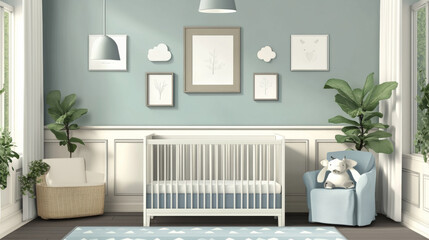 Sticker - A nursery room with a crib, a chair, and a potted plant. The room has a clean and simple design, with a neutral color palette. The potted plant adds a touch of greenery and life to the space