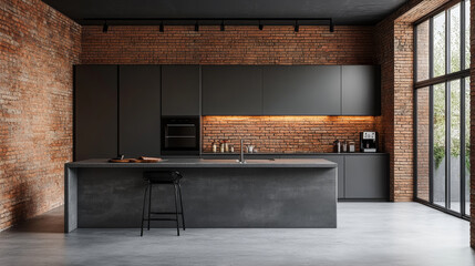 Wall Mural - A kitchen with a black countertop and a black sink