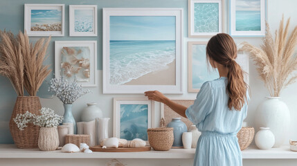 Poster - A woman is standing in front of a wall of framed pictures