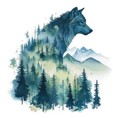  Double exposure of wolf silhouette and forest landscape with mountains