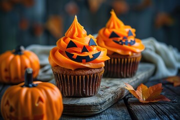 Wall Mural - Halloween cupcakes with orange frosting and jack-o'-lantern faces