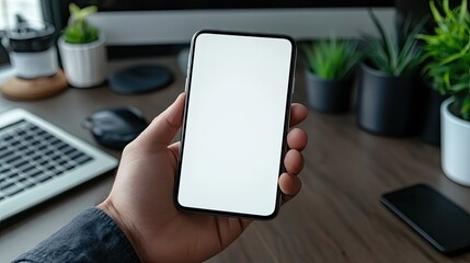 Poster - Close-up of a man hand texting on a blank white screen cell phone at a home office desk.