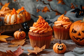 Wall Mural - cupcakes with pumpkin to halloween on table 