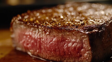 Wall Mural - Close-up of a perfectly seared steak, capturing the mouth-watering crust and juicy interior.