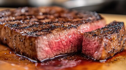 Wall Mural - Close-up of a perfectly seared steak, capturing the mouth-watering crust and juicy interior.