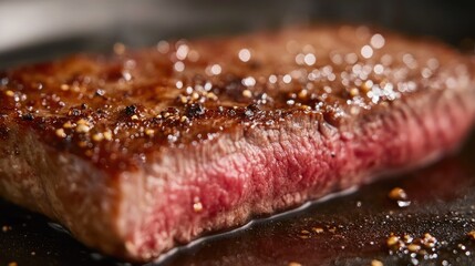 Wall Mural - Close-up of a perfectly seared steak, highlighting the rich, flavorful crust and succulent interior.