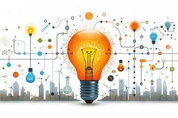 Wall Mural - Simple lightbulb with renewable energy and sustainable transport minimal icon flat white background digital illustration space for Ad