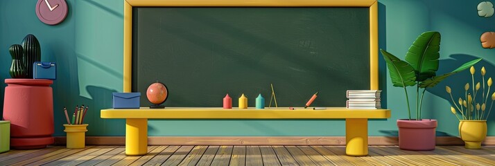 Poster - Blank Chalkboard - school supplies on desk