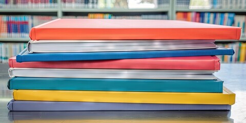 Sticker - stack of blank books on teachers desk, colorfu