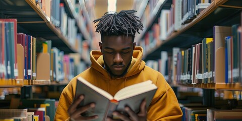 Poster -  college student reading in library, studying