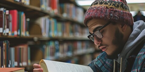 Sticker -  college student reading in library, studying