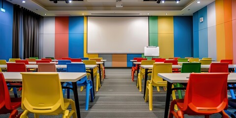 colorful corporate training room, blank clean whiteboard