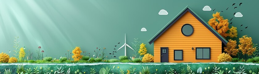 Wall Mural - Simple house with renewable energy and water conservation symbols minimalistic flat green background style space for text