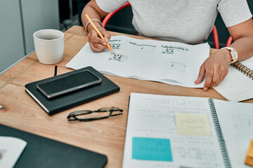 Poster - notes, architecture and hands of woman at desk with planning, project management and creative develo