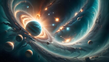 Wall Mural - Outer space with alien planets and explosion