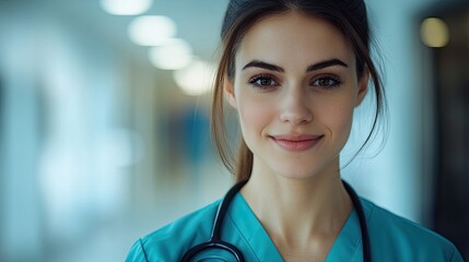 A woman in a blue scrubs is smiling and wearing a stethoscope