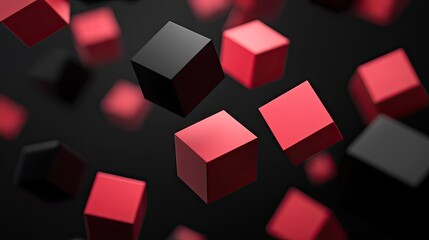 Poster - Floating geometric blocks in 3D render on a black backdrop. Modern abstract illustration.