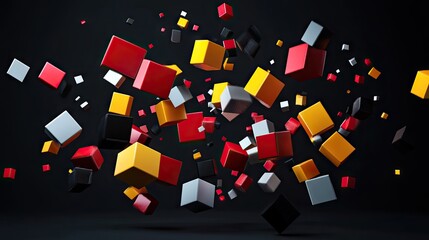 Poster - Floating geometric blocks in 3D render on a black backdrop. Modern abstract illustration.
