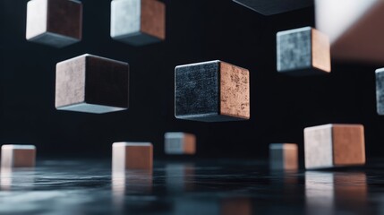 Poster - Floating geometric blocks in 3D render on a black backdrop. Modern abstract illustration.