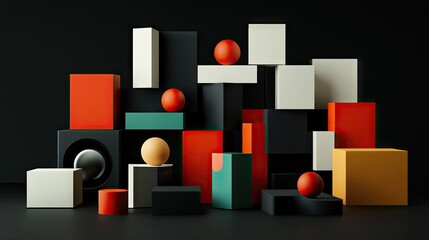 Poster - Geometric blocks in 3D render arranged on a black background. Modern abstract art. -