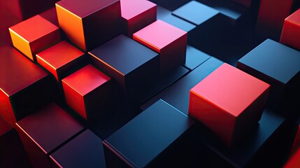 Poster - Geometric blocks in 3D render on a dark background. Abstract and futuristic design.