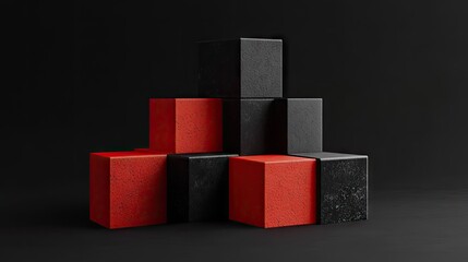 Poster - Geometric blocks in 3D render on a minimalist black background. Abstract design.