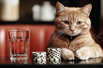 Animal Cat plays poker blackjack in a casino, fantasy