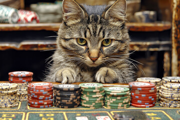 Animal Cat plays poker blackjack in a casino, fantasy