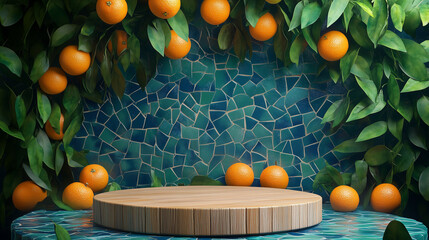 This image is a product banner featuring a wooden podium at the center, surrounded by fresh oranges. The background consists of mosaic tiles, enhanced by soft natural lighting.