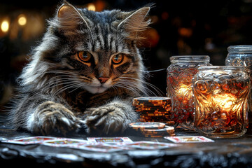 Animal Cat plays poker blackjack in a casino, fantasy