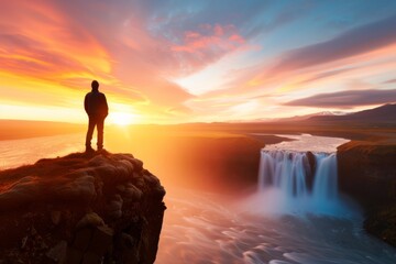 A man stands on a cliff overlooking a waterfall. The sky is orange and the water is clear