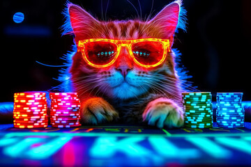 Animal Cat plays poker blackjack in a casino, fantasy