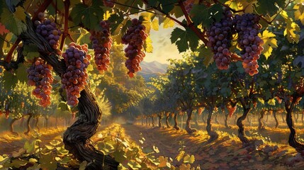 Canvas Print - red grapes in vineyard