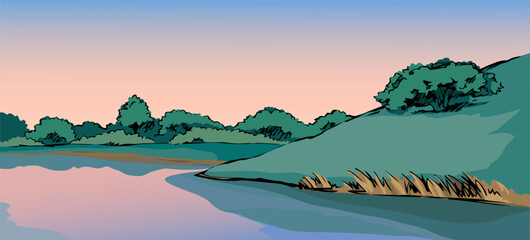 Wall Mural - Vector drawing. Summer river scene